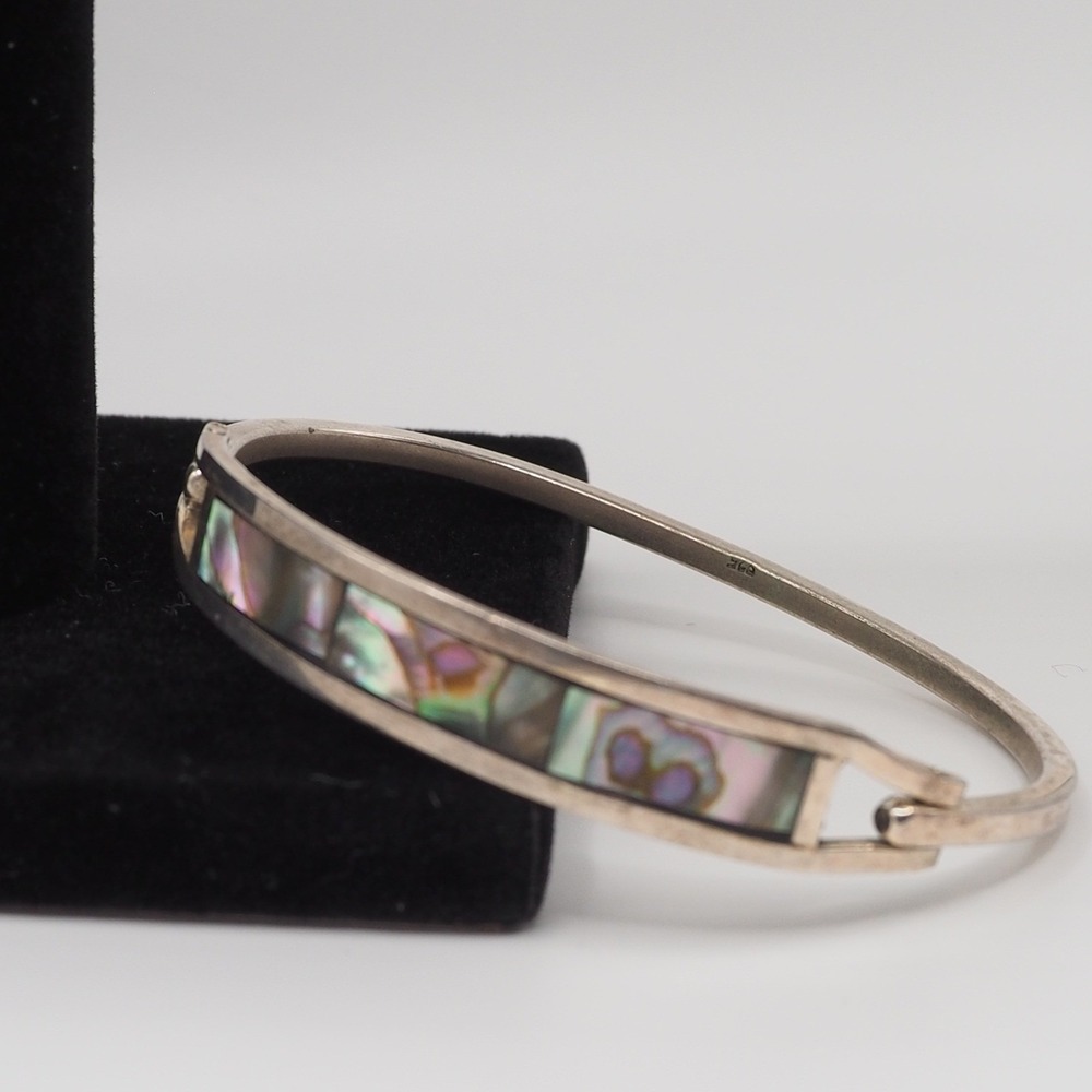Vintage Bangle Bracelet Silver Abalone Inlay Shell Mexico Boho